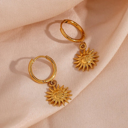 Guarantee Dreamshow Engraved Sun Face Drop Earrings Pvd Gold Plated Stainless Steel Dangle Hoop Earring Tarnish Free Jewelry
