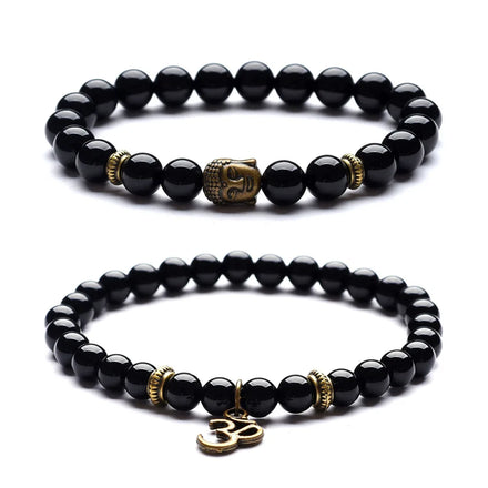 2 Pcs/set Buddhist Bracelet Black Onyx Beads Buddha OM Charm Bracelet for Women Men