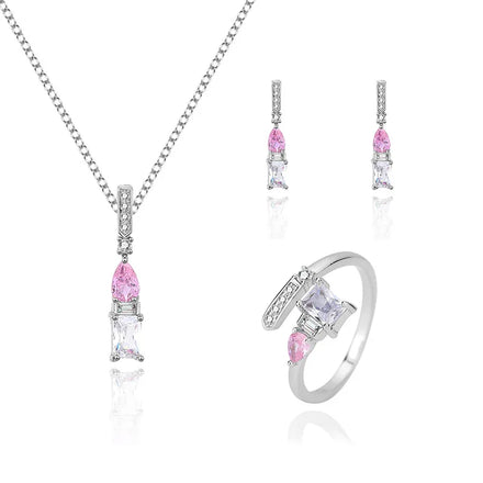 New Trendy 925 Sterling Silver CZ Diamond Jewelry Set Women Fashion pink Diamond Necklaces Earrings Rings Set