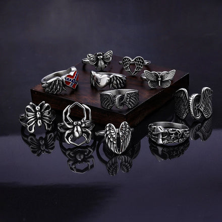 Fashion Stainless Steel Gothic Jewelry Vintage Punk Butterfly Mushroom Heart Shape Skull Unique Gothic Ring Women Mix Lot