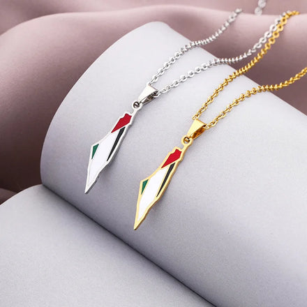 18K Gold Plated Stainless Steel Link Chain Pendant Necklace Classic Style Enameled Palestine National Flag Map