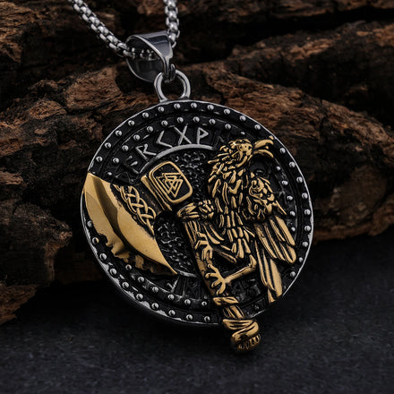 Ready to Ship Stainless Steel Viking Ax Raven Bird Pendant Necklace Nordic Viking Runes Valknut Vegvisir Charm Pendant