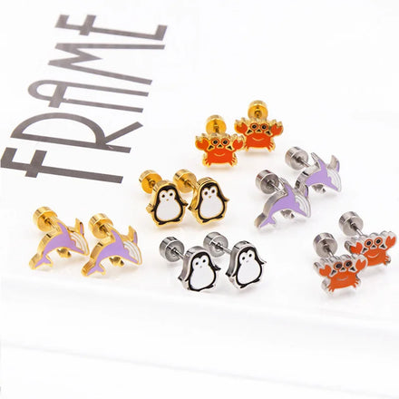 Crabs Penguins Dolphins Cute Kids Jewelry Trendy Stainless Steel 18K Gold Plated  Stud Earrings for Women
