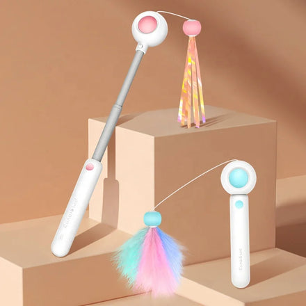New Design Pet Toy Cat Teaser Wand Feather Tassels Stretchable Interactive Laser Cat Toys Cat Teaser Stick