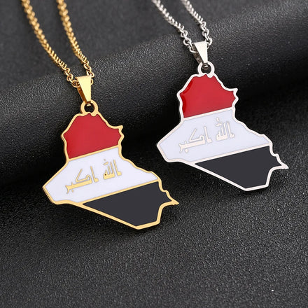 18K Gold Plated Stainless Steel Link Chain Necklace Enameled Iraq National Flag and Map Pendant Iraq Map Chain Necklaces