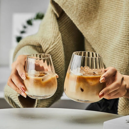 Koi Nordic INS Style Milk Latte Crystal Glass Round Belly Shape Narrow Mouth Vertical Stripe Glass Coffee Cup