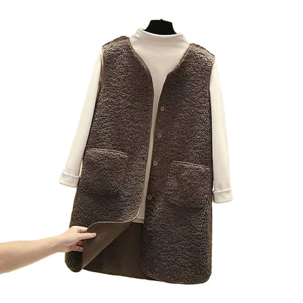 2022 Long Lamb Fleece Vest Women Winter Thermal Waistcoat Warm Fleece Vest Female Sleeveless Jacket Ladies Vests for Women
