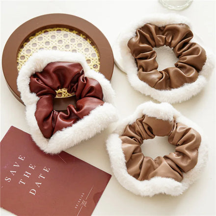 New Arrival Autumn and Winter Women Large Size Plush Hair Rope PU Leather Hair Elastic Scrunchies