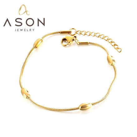 Ason New Arrival Simple 18k Gold Plated Bracelet Women Stainless Steel Jewelry Round Snake Chain Clip Oval Beads Bracelet