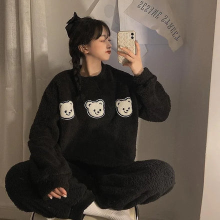 Fashionable Women's Cartoon Little Bear Pajamas Warm Round Neck Flannel Housewear