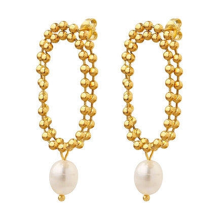 Fashion Freshwater Pearl Bead Chain Double Layer Earrings Women Stainless Steel Earrings
