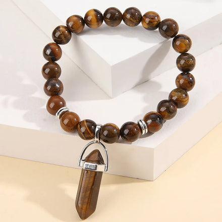 Wholesale New Design tiger Eye Bead Bracelet Gemstone Jewelry with Diamond Shaped Natural Stone Pendant