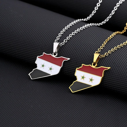Enameled Syrian Arab Republic Map Chain Necklace Stainless Steel 18K Gold Plated Enamel Syria National Flag Map Pendant Necklace