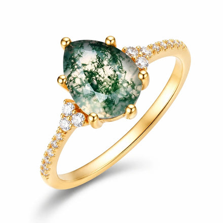 Real Silver 18k Gold Plated Pear Shaped Natural Gemstone Ring Delicate Teardrop Moss Agate Rings for Rings Jewelry Womens