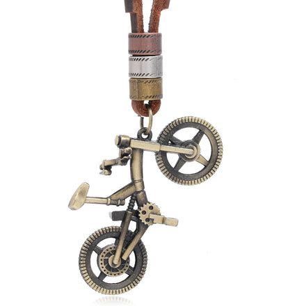New Arrival Men's Antique Metal Bicycle Pendant Necklace Genuine Leather Chains with Alloy Trendy Style Jewelry Accessories