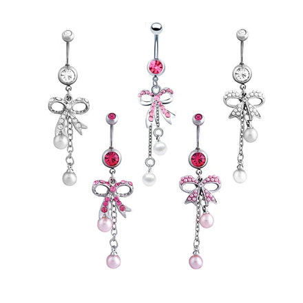 Hot Sale Pearl Pendant Navel Women Piercing Jewelry Wholesale Dangle Bowknot Crystal Belly Ring