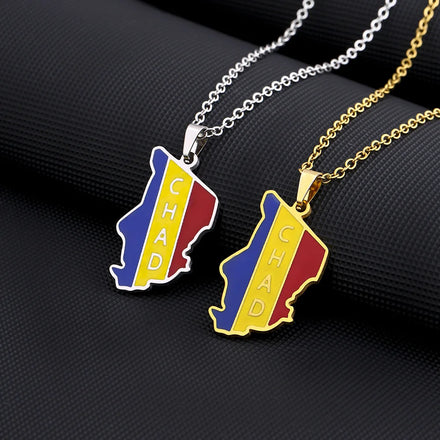 Enameled Chad Map Chain Necklaces Stainless Steel 18K Gold Plated Enamel Chad National Flag Map Pendant Necklace