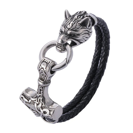 Hot Sale Fashion Men's Domineering Stainless Steel Wolf Head Bracelet Viking Thor's Hammer Leather Bracelet