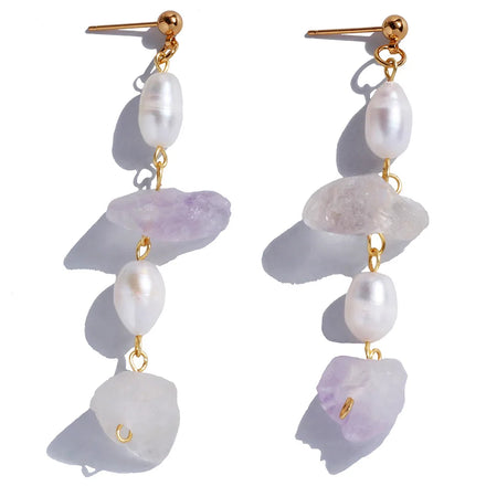 Handmade 18K Gold-Plated Freshwater Pearl and Amethyst Earrings Original Design Quartz Drop Fashion Jewelry