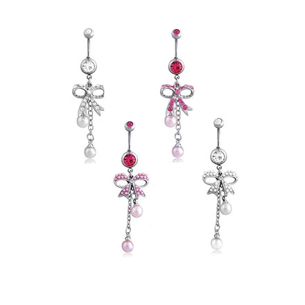 316L Stainless Steel Dangling Chain Bow Navel Button Ring Long Tassel Bowknot Belly Ring Body Piercing Jewelry