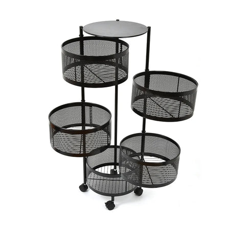 Metal Rolling Wheels Kitchenware Multi-layer Removable Basket Shelf Organizer Rotating Storage Shelves Rack with 5-tier Foldable