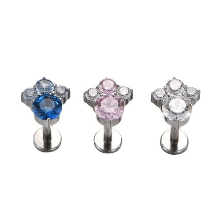 Fuxuan ASTM F136 Titanium 4 Round Zircon Labret Piercing Internally Threaded Top Fashion Earring Piercing Jewelry Wholesale