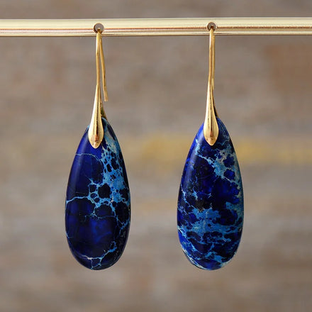 Royal Blue Natural Stone Sea Sedient Jasper Woman Chunky Teardrop Women Huggie Earrings Gem Stone Jewellery