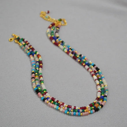 Light Luxury Multicolor Natural Stone Necklace Retro Round Gemstone Beaded Necklace for Women Girls Jewelry Gifts