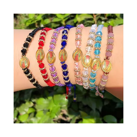 Multi-color Crystal Beads Protection Charm Bracelet Our Lady Virgen De Guadalupe Catholic Prayer Knot String Gold Plated