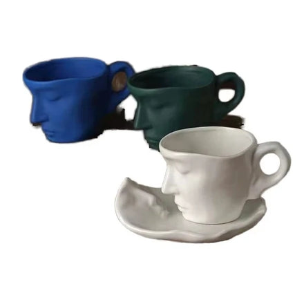 Porcelain Mug Custom Red Black Blue Sculpted Face Coffee Cups Saucer Ceramic White Special Cup