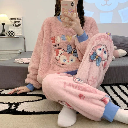 Girls' Long Sleeved Thickened Coral Velvet Household Clothes Cartoon Embroidery Pajamas