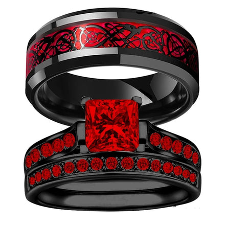 Romantic Couple Rings Punk Dragon Pattern Men's Rings Beautiful Ruby Women's Rings for Women Men