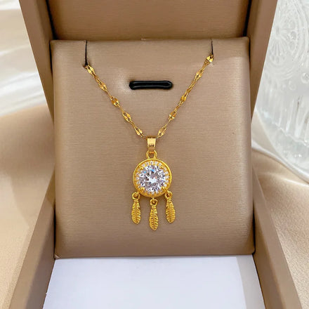 Fashion Gold Plated Stainless Steel Feather Tassel Catcher Dream With Big Zircon Pendant Non Tarnish Women Necklace