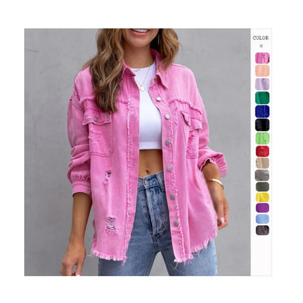 Women Long Sleeve Blouses Jeans Top Ladies Hole Ripped Jacket Coat