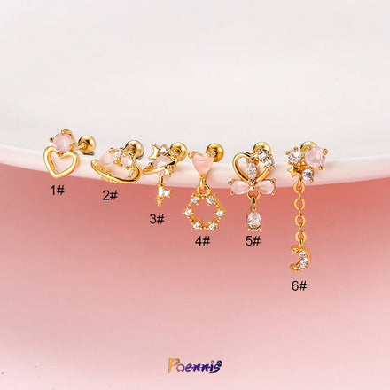 Pink Zircon Stone Heart Moon Jade Dangle Earrings Women Ear Bone Small Tragus Rook Conch Cartilage Piercing Earrings