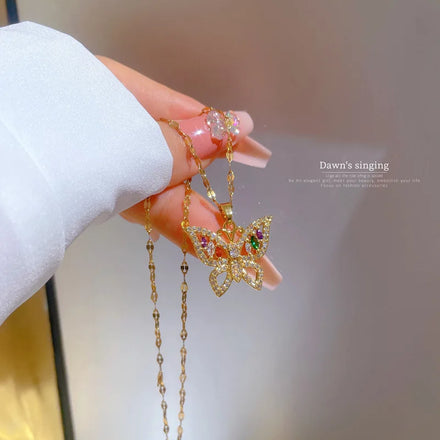 Luxury Sparkling Rainbow Cubic Zircon Butterfly Necklace Adjustable Stainless Steel Lip Chain Cz Butterfly Pendant Necklace