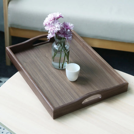 Luxury Rustic Rectangle Food Coffee Serving Walnut Wooden Tray with Handle