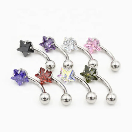 Stainless Steel Star Cubic Zircon Navel Ring Piercing Curved Barbell Bright Colorful Zircon Belly Studs