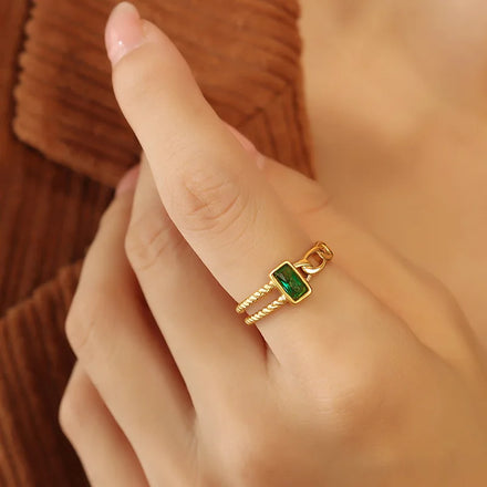 Moge Jewelry Anillos Mujer White Green Zircon Cuban Chain Opening Adjustable Rings Stainless Steel Ring for Women