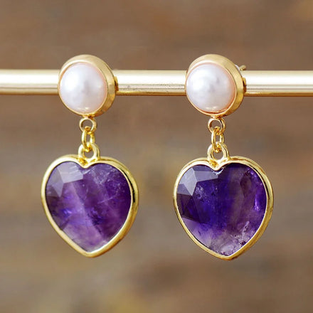 Luxury Gold Plated Healing Crystal Heart-Shaped Amethyst Black Agate Lapis Stud Earrings Pearl Jewellery Bijou Weddings Parties