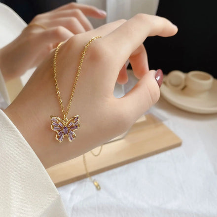 Fashion 18k Gold Plated Stainless Steel Butterfly Pendant Necklace Purple Zircon Butterfly Choker Necklace 2023