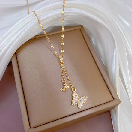 Luxury Micro Diamond Butterfly Pendent Necklace for Women Clavicle Chain Stylish Stainless Steel Gold Plated Necklace