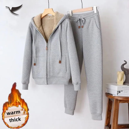Winter Casual Thick Long-Sleeved Zip up Hooded Sweatsuits Two Piece Pant Set Women's Hoodies
