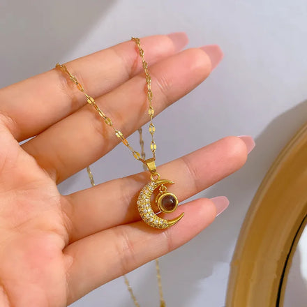 I Love You 100 Languages Projection Necklace for Women Jewelry Stainless Steel Gold Crescent Moon Projection Pendant Necklace