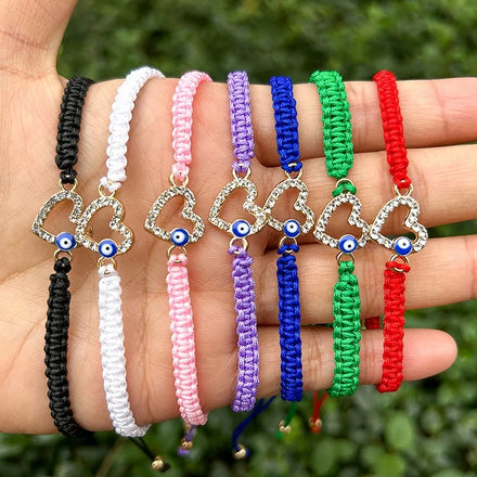 Risingmoon Colorful Crystal Jewelry Handmade Bracelets Cubic Zirconia Heart Charms Evil Eye Bracelet Adjustable for Teen Girls