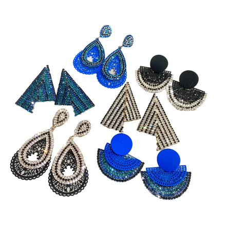 HOVANCI Blue Crystal Thread Diamond Tassel Earrings Asymmetric Waterdrop Aretes with Half Circle Engraving Fashion Drop Aretes