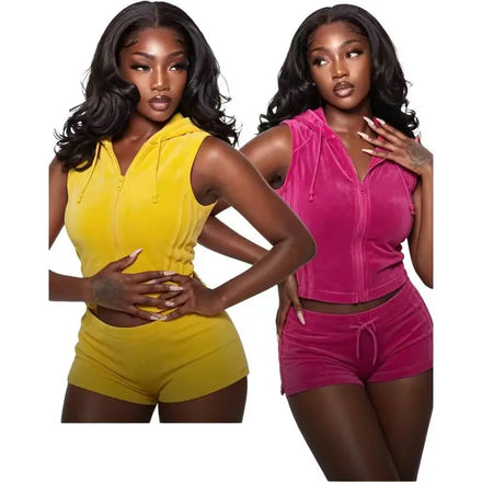 KY Custom Wholesale Women's Velour 2 Piece Set Sleeveless Hooded Vest and Shorts Tracksuit Sexy Ladies Velour Sweatsuit