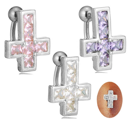 Stainless Steel Navel Stud Women Piercing Jewelry CZ Cross Belly Button Ring Short Barbell Cross Zircon Belly Ring