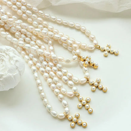 Light Luxury Pvd 18k Gold Plated Stainless Steel Cross Pendant Freshwater Pearl Necklace for Women Jewelry