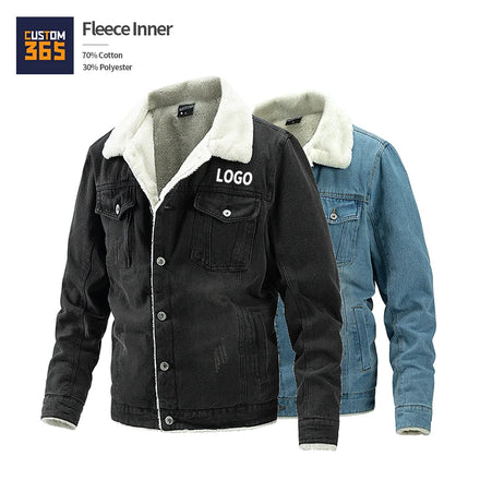 Wholesale Oem Black Blue Men's Style Fleece Custom Printed Jeans Clothes Men Winter Denim Jacket Men